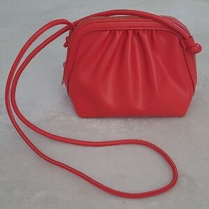 Red Faux Leather Mini Crossbody Bag Ruched Small Zip Purse Gold Hardware Casual